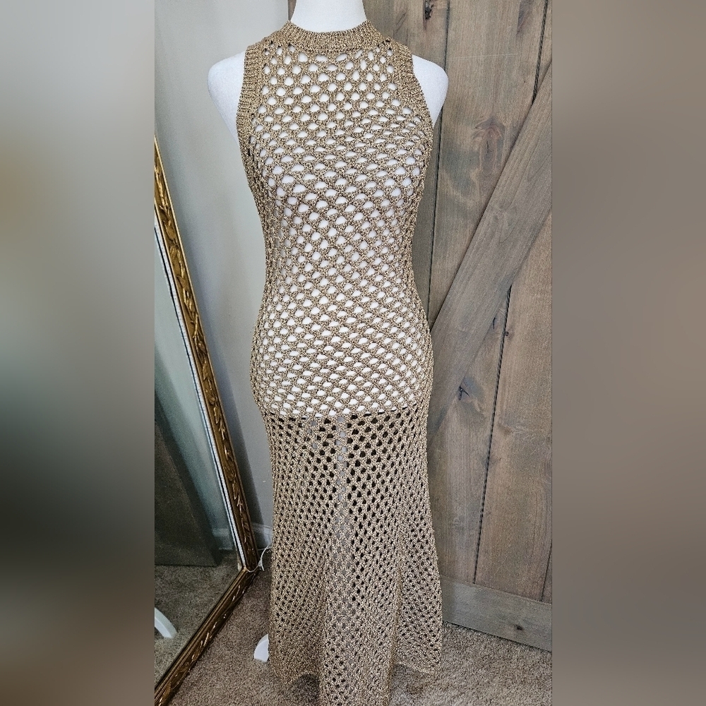 Zara Metallic Crochet Fishnet Midi Dress Gold Open Knit Cover Up Size Small - Picture 6 of 16
